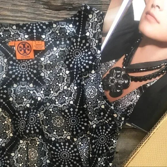 Tory Burch Margaret Silk Blouse Black Mask Size 10 - Picture 1 of 6